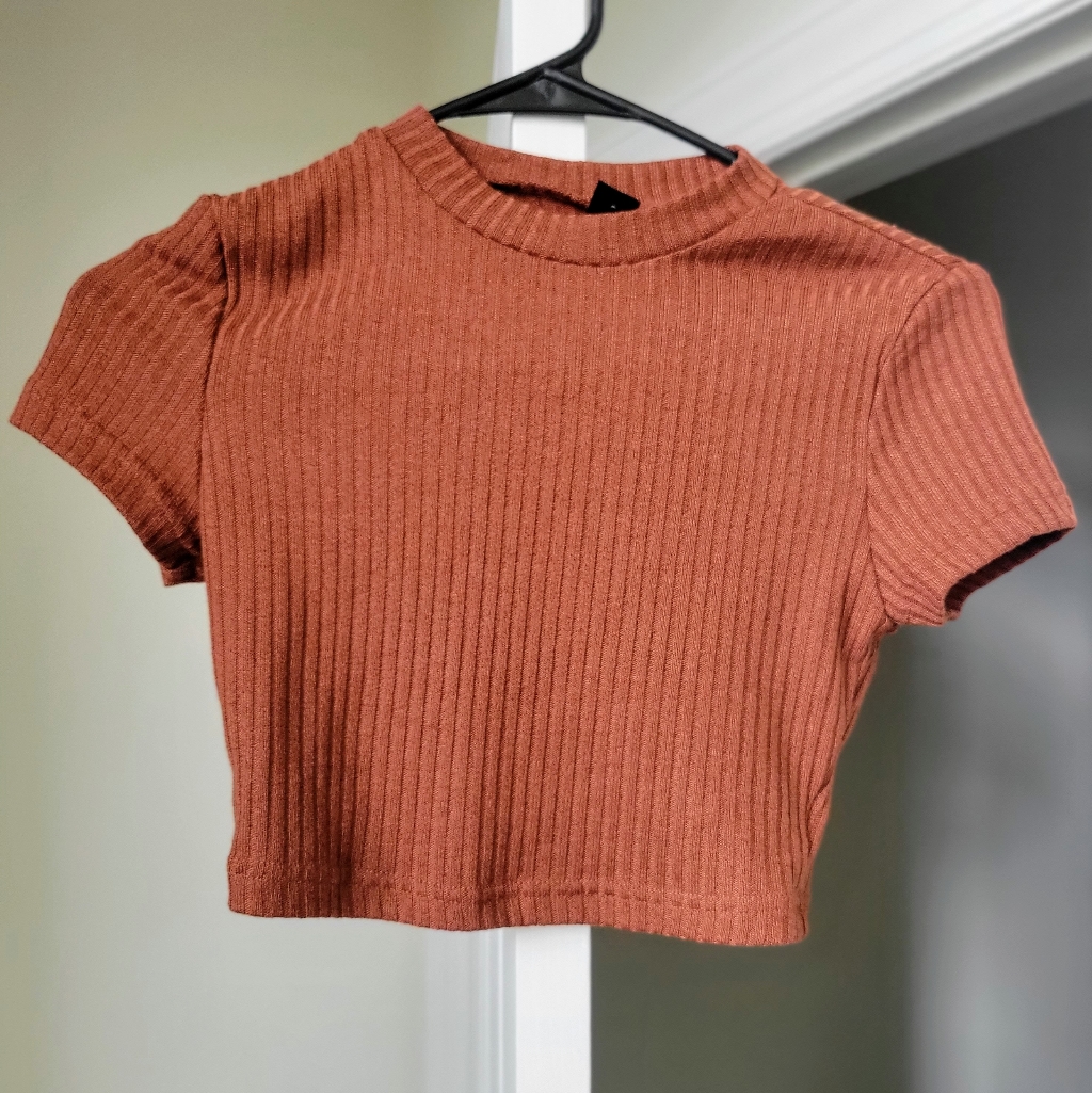 Solid Ribbed Knit Tee Brown